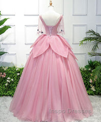 Pink V Neck Tulle Lace Applique Long Evening Prom Dress, Pink Evening Dress, 1