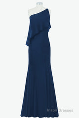 One Shoulder Navy Blue Flounce Mermaid Long Bridesmaid Dress