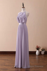Lilac Halter Open Back Ruffled Long Bridesmaid Dress