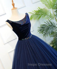 Dark Blue Tulle Long Evening Prom Dress, Dark Blue Tulle Evening Prom Dress
