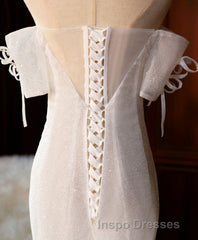 White Sequin Mermaid Long Evening Prom Dress, White Wedding Dress