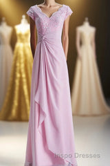 Short Sleeves Pink Appliques Knot Long Bridesmaid Dress