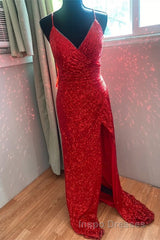 High Slit Blue Sequins Straps Mermaid Evening Prom Dress