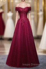 Burgundy Tulle Lace Off Shoulder Long Evening Prom Dress, Burgundy Lace Evening Prom Dress