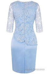 Light Blue Crew Neck Lace Half Sleeve Short Mother of the Bride Dress