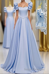 Blue Satin Backless Long Evening Prom Dress, Blue Evening Prom Dress
