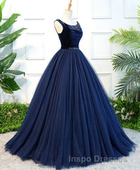 Dark Blue Tulle Long Evening Prom Dress, Dark Blue Tulle Evening Prom Dress