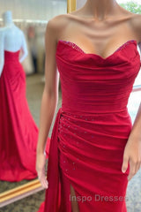 Red Beaded Strapless Mermaid Long Dress with Attached Train