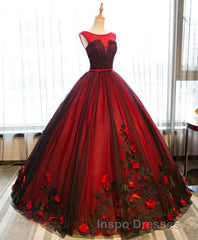 Burgundy Round Neck Tulle Lace Applique Long Evening Prom Dress, Burgundy Evening Prom Dress