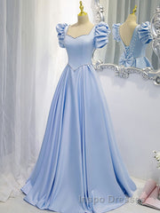 Blue Satin Backless Long Evening Prom Dress, Blue Evening Prom Dress