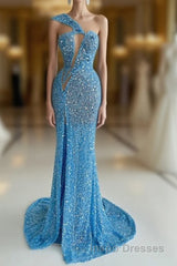 Ocean Blue Sequins One-Shoulder Mermaid Long Evening Prom Dress With Split
