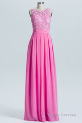 Pink A-line Lace and Chiffon Long Bridesmaid Dress
