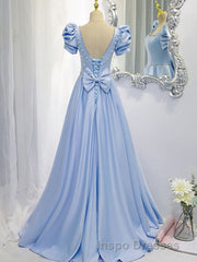 Blue Satin Backless Long Evening Prom Dress, Blue Evening Prom Dress