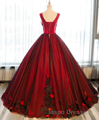 Burgundy Round Neck Tulle Lace Applique Long Evening Prom Dress, Burgundy Evening Prom Dress