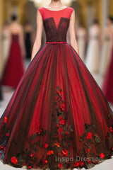 Burgundy Round Neck Tulle Lace Applique Long Evening Prom Dress, Burgundy Evening Prom Dress