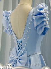 Blue Satin Backless Long Evening Prom Dress, Blue Evening Prom Dress