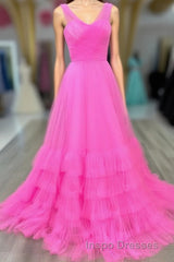 Hot Pink Illusion Strapless A-line Layers Tulle Long Evening Prom Dress
