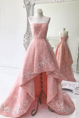 Charming Modest Pink A Line High Low Strapless Zipper Back Evening Prom Dress
