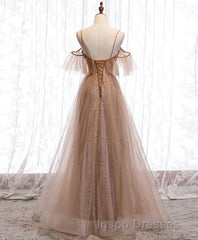 Champagne Tulle Sequin Long Evening Prom Dress, Champagne Evening Prom Dress