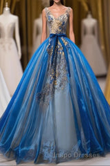 Uniquedresss Puffy V Neck Organza Applique Modest Evening Prom Dress Evening Prom Dress