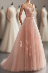 Pink V Neck Tulle Long Evening Prom Dress, Tulle Evening Prom Dress