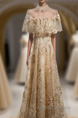 Champagne Tulle Lace Long Evening Prom Dress, Champagne Formal Dress, 1