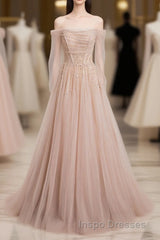 Champagne Pink Tulle Beads Long Evening Prom Dress, Champagne Evening Prom Dress