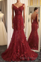 Burgundy Trumpet Sweep Train V Neck Mid Back Appliques Beading Long Evening Prom Dress