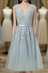 Gray A Line Lace Tulle Short Evening Prom Dress, Homecoming Dress