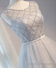 Gray Tulle Beads Short Evening Prom Dress, Gray Homecoming Dress
