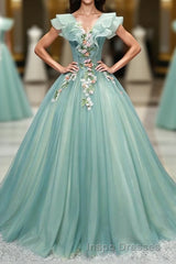 Green V Neck Tulle Long Evening Prom Dress, Green Evening Prom Dress