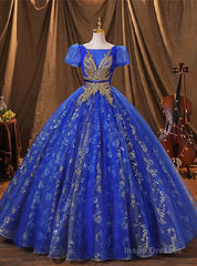 Royal Blue Tulle Pleats Sequins Appliques Quinceanera Dress