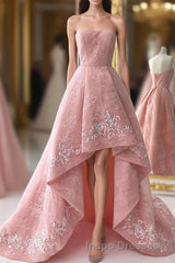 Charming Modest Pink A Line High Low Strapless Zipper Back Evening Prom Dress