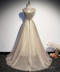 Champagne Round Neck Sequin Long Evening Prom Dress, Tulle Formal Dress