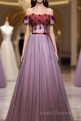 Pink Tulle Lace Applique Long Evening Prom Dress, Evening Prom Dress