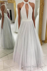 Gray A Line Floor Length Halter Sleeveless Beading Evening Prom Dress