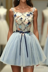 Gray Blue Tulle Short Evening Prom Dress, Tulle Homecoming Dress