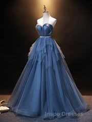 Blue Sweetheart Neck Tulle Long Evening Prom Dress, Blue Evening Prom Dress