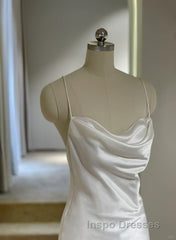 White Soft Satin Straps Simple Long Wedding Party Dress, White Long Evening Prom Dress