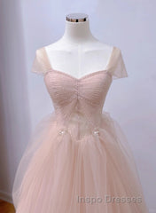 Pink Sweetheart Tulle Beaded Long Party Dress, Pink Tulle Evening Prom Dress Evening Prom Dress