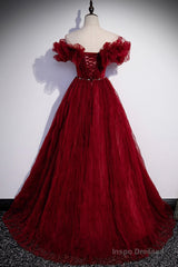 Burgundy Tulle Long Prom Dresses, A-Line Off the Shoulder Evening Party Dresses