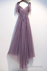 Purple Tulle Lace Long Evening Prom Dress, A-Line Evening Prom Party Dress