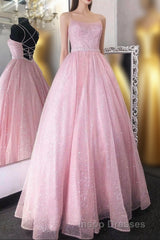 Cute Tulle Sequins Long Evening Prom Dress, A-Line Backless Evening Prom Dress
