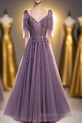 Purple Tulle Lace Long Evening Prom Dress, A-Line Evening Prom Party Dress