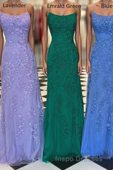 Mermaid Straps Long Lace Evening Prom Dress with Lace-Up Back