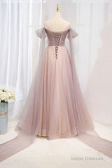 Pink Tulle Beaded Long Prom Dress, Off the Shoulder Evening Dress