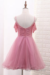 Chic Tulle Lace Spaghetti Strap With Beading Homecoming Dress