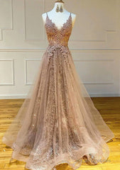 Princess V Neck Sweep Train Lace Tulle Yarn Prom Dress With Glitter