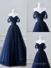 A-Line Off Shoulder Tulle Lace Dark Blue Long Evening Prom Dress, Dark Blue Long Evening Prom Dress