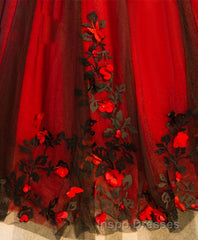 Burgundy Round Neck Tulle Lace Applique Long Evening Prom Dress, Burgundy Evening Prom Dress